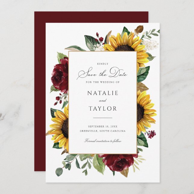Solblommor Burgundy Greenery Rustic Spara datumet Inbjudningar (Fram/baksida)