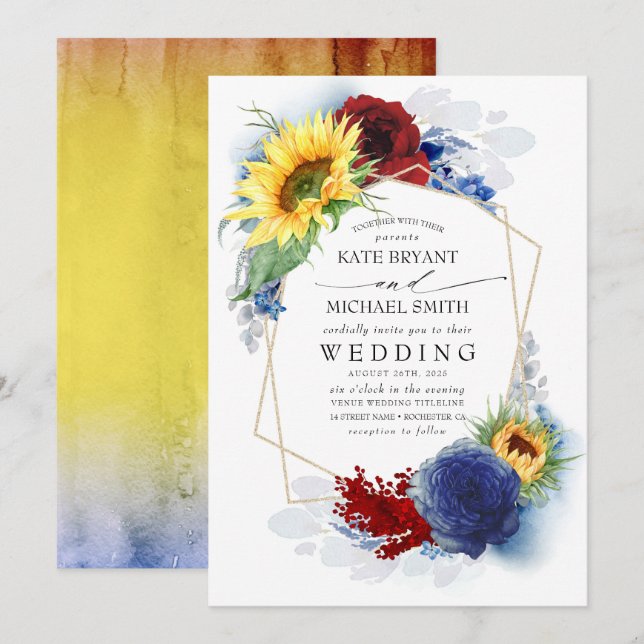 Solblommor Burgundy Red and Navy Blue Fall Wedand Inbjudningar (Fram/baksida)