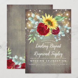 Solblommor Burgundy Red Blommigt Rustic Fall Weddi Inbjudningar