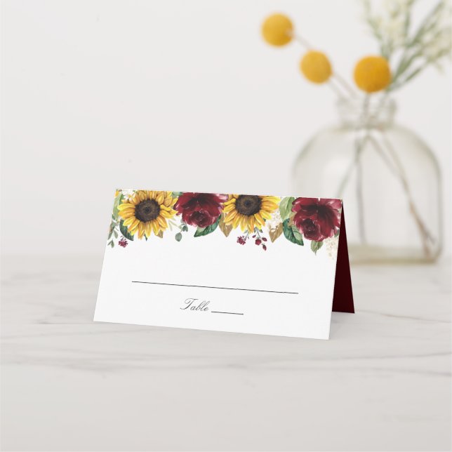Solblommor Burgundy Red Flowers Bröllop Place Card Placeringskort (Framsida)