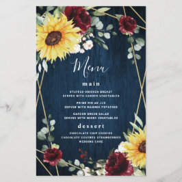 Solblommor Burgundy Ro Navy Bröllop Menu Cards