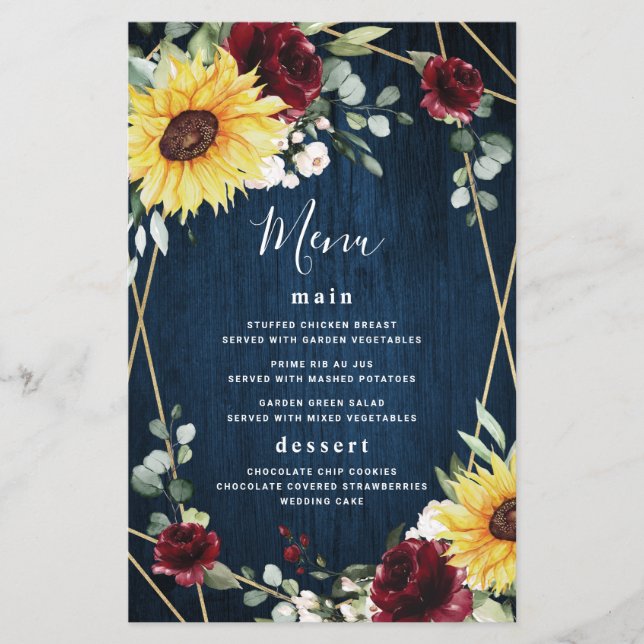 Solblommor Burgundy Ro Navy Bröllop Menu Cards (Framsida)