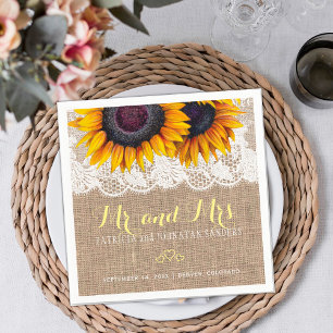 Solblommor burlap snöre mr och mrs rustic bröllop pappersservett