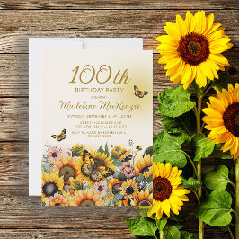Solblommor Butterflies 100:e Födelsedagsfesten Inbjudningar