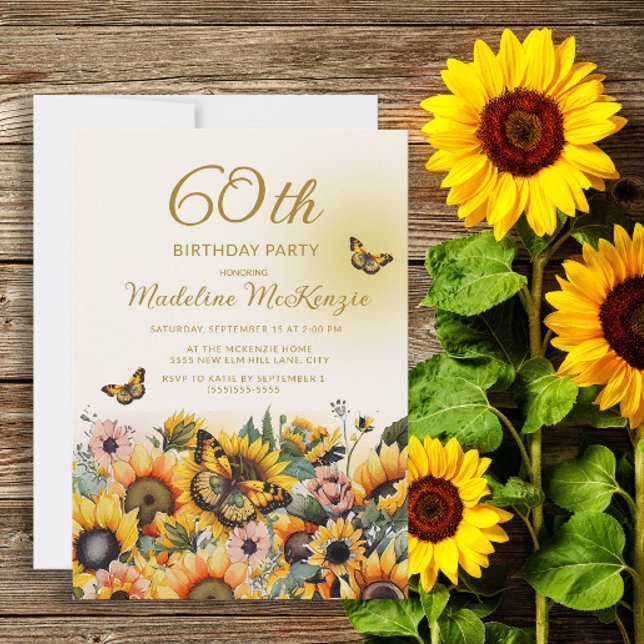 Solblommor Butterflies Kvinnors 60:e Födelsedagsfe Inbjudningar (Skapare uppladdad)