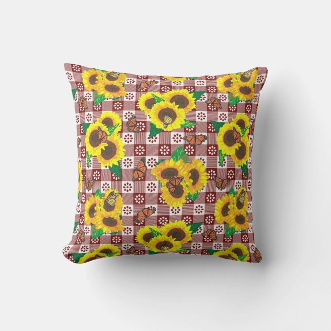 Solblommor Butterflies Red Gingham Kudde (Framsida)