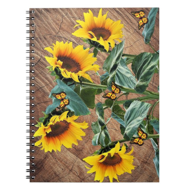 Solblommor Butterflies Rustic Barn Board Anteckningsbok (Framsidan)