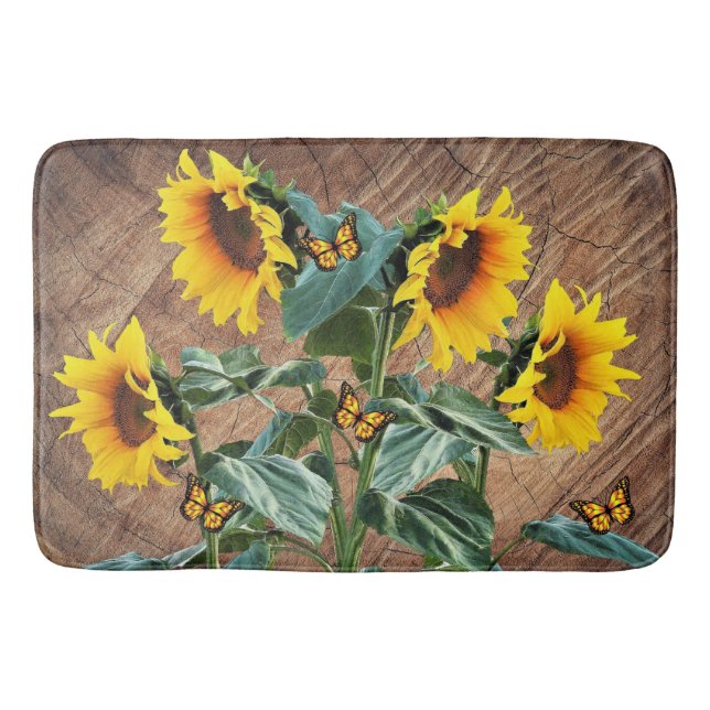 Solblommor Butterflies Rustic Barn Board Badrumsmatta (Framsidan)