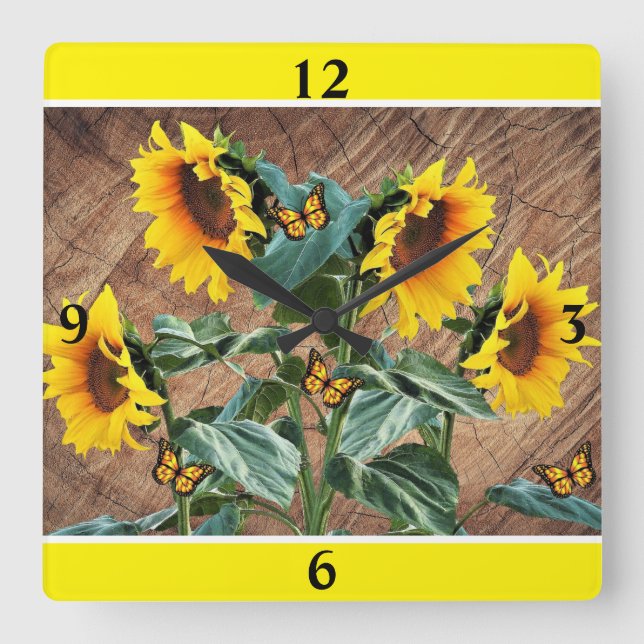 Solblommor Butterflies Rustic Barn Board Square Wa Fyrkantig Klocka (Framsida)
