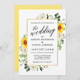 Solblommor Calligraphy White Blommigt Bröllop Inbjudningar