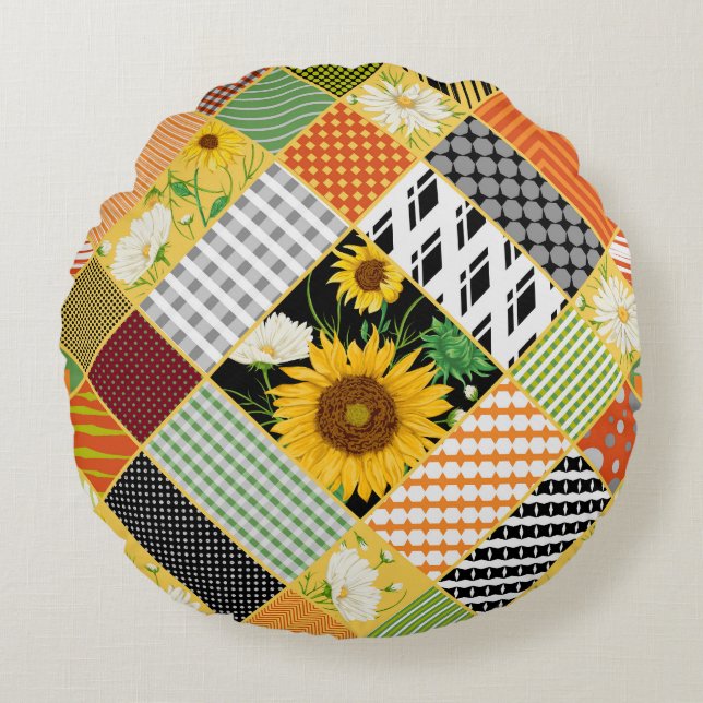 Solblommor Chamomile, Patchwork Watercolor. Rund Kudde (Framsidan)