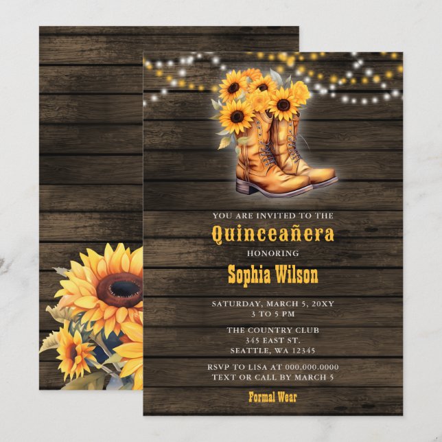 Solblommor Cowboy Boots Barn Wood Quinceañera Inbjudningar (Fram/baksida)