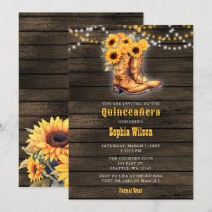 Solblommor Cowboy Boots Barn Wood Quinceañera Inbjudningar