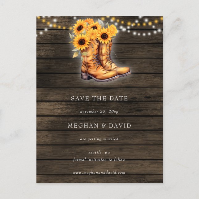 Solblommor Cowboy Boots Barn Wood Save Date Vykort (Framsida)