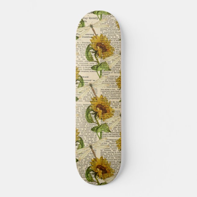 Solblommor Dragonflies Old Newspaper Land Stil Mini Skateboard Bräda 18,5 Cm (Framsida)