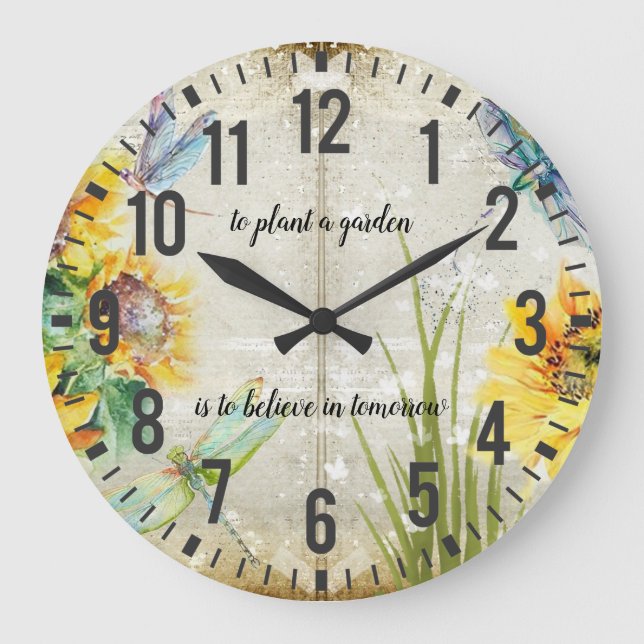 Solblommor Dragonflies Shabby och Chic Garden Stor Klocka (Framsida)
