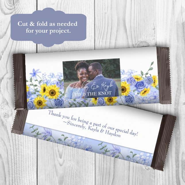 Solblommor, Dusty Blue Bröllop Candy Pub Wrapper Flygblad (yellow sunflower dusty blue wedding candy bar wrappers, diy personalized chocolate bar labels)