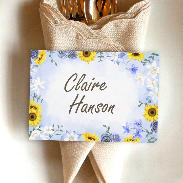 Solblommor, Dusty Blue Ro Namn Place Card Inbjudningar (dusty blue roses and yellow sunflowers wedding place cards, name reserved labels)