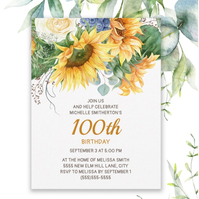 Solblommor Eucalyptus 100:e födelsedagen Vykort (Sunflowers and eucalyptus 100th birthday party invitation)