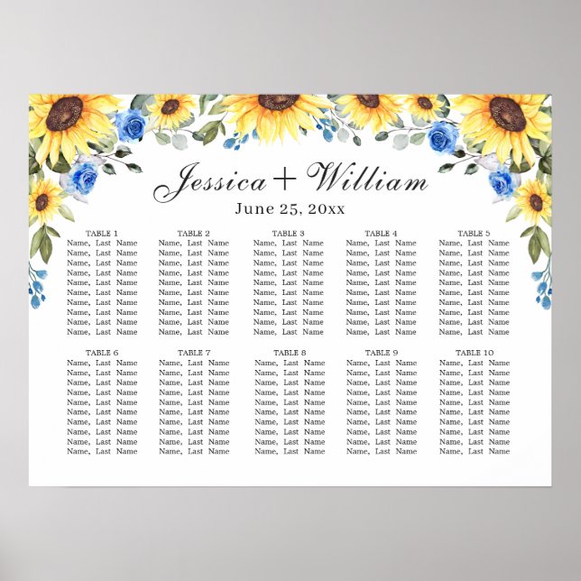 Solblommor Eucalyptus 10 Bord SEATING CHART Poster (Framsidan)