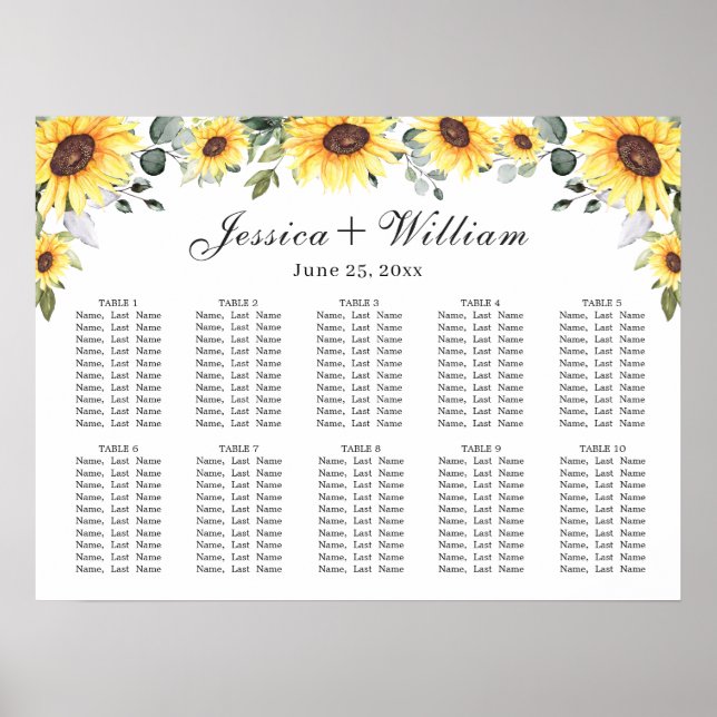 Solblommor Eucalyptus 10 Bord SEATING CHART Poster (Framsidan)