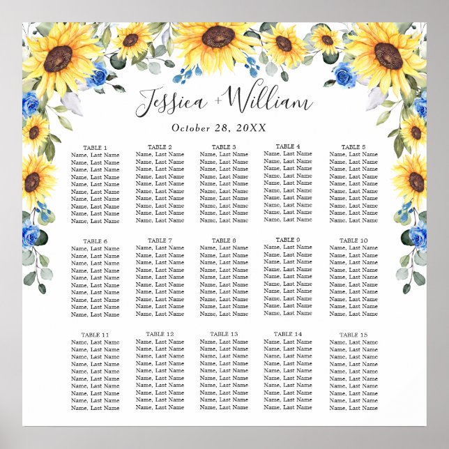 Solblommor Eucalyptus 15 Bord SEATING CHART Poster (Framsidan)
