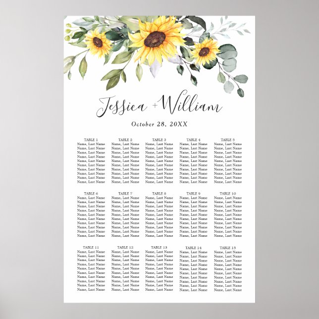 Solblommor Eucalyptus 15 Bord SEATING CHART Poster (Framsidan)