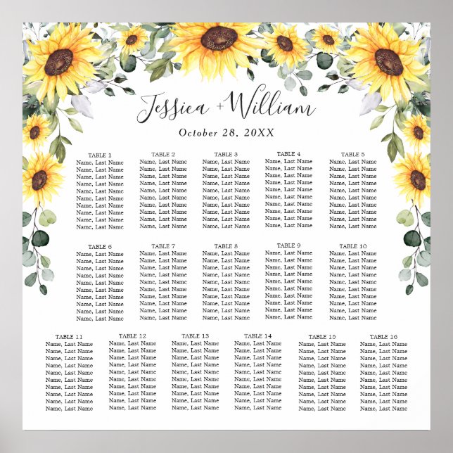 Solblommor Eucalyptus 16 Bord SEATING CHART Poster (Framsidan)