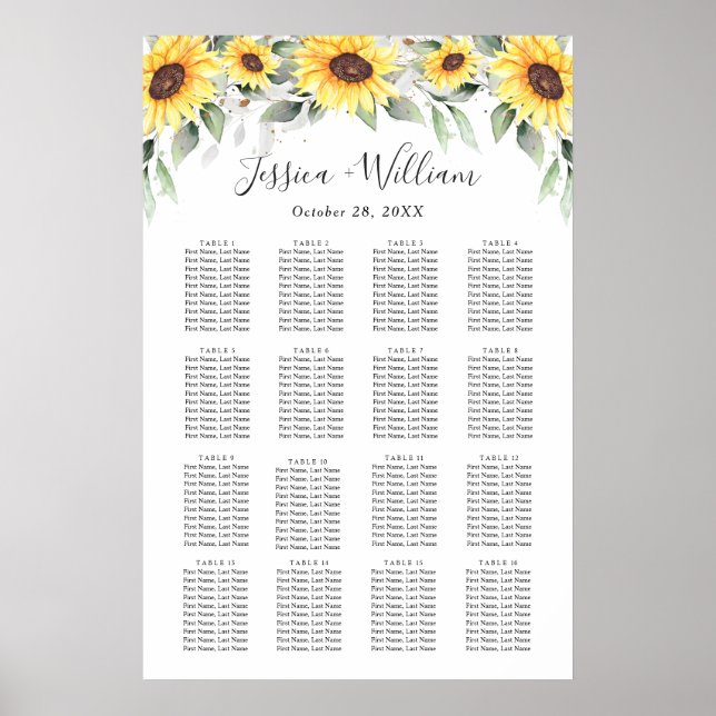 Solblommor Eucalyptus 16 Bord SEATING CHART Poster (Framsidan)