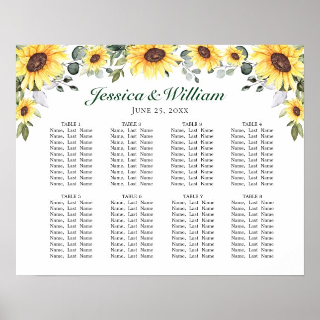 Solblommor Eucalyptus 8 Bord SEATING CHART Poster (Framsidan)