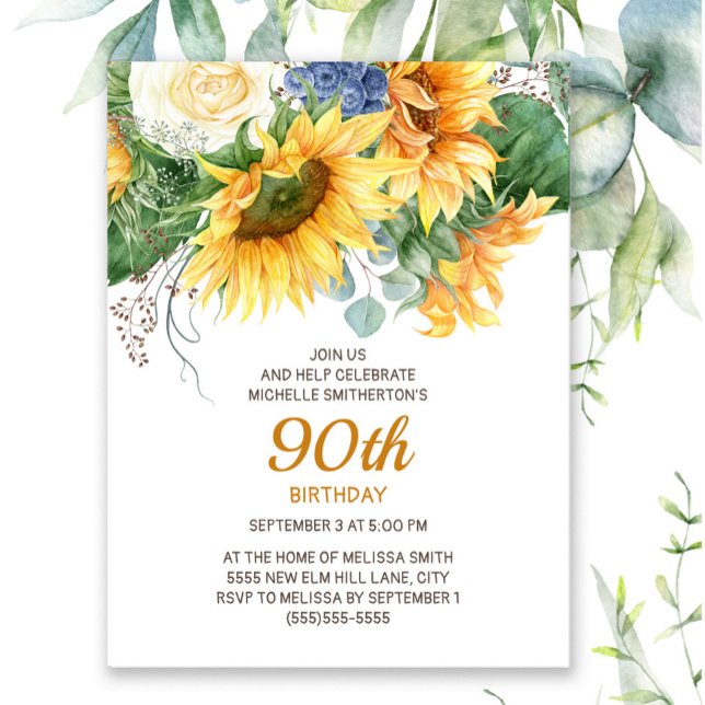 Solblommor Eucalyptus 90:e födelsedag Vykort (Sunflowers and eucalyptus leaves women's 90th birthday party invitation)