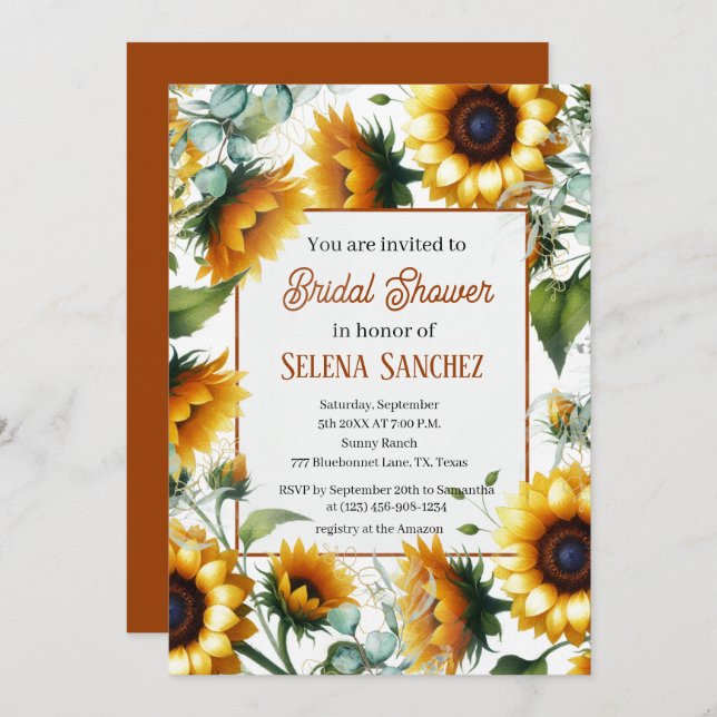 Solblommor Eucalyptus Blommigt Bride Möhippa Inbjudningar (Fram/baksida)