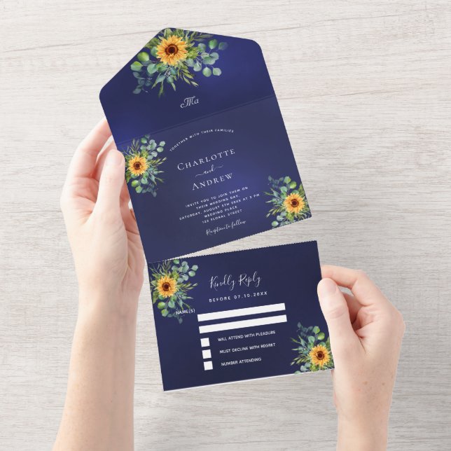 Solblommor eucalyptus greenery navy blue bröllop (Avrivbar del)
