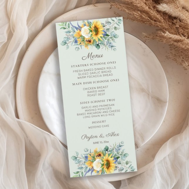 Solblommor Eucalyptus Löv Wedding Reception Meny (Sunflowers and eucalyptus wedding menu)