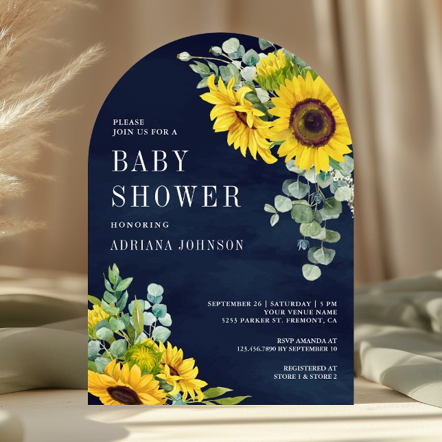 Solblommor Eucalyptus Navy Blue Arch Baby Shower Inbjudningar (Skapare uppladdad)
