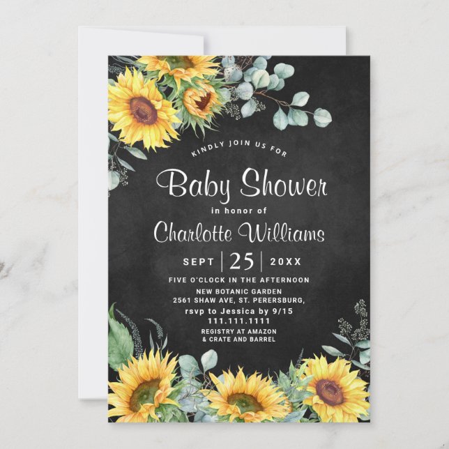 Solblommor Eucalyptus Rustic NEUTRALT Baby Shower Inbjudningar (Framsida)