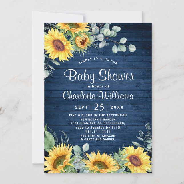 Solblommor Eucalyptus Watercolor Baby Shower Inbjudningar (Framsida)