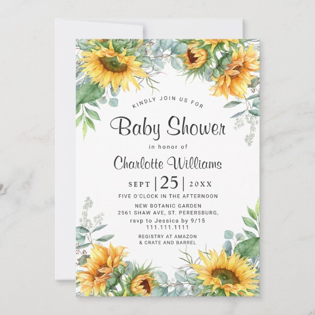 Solblommor Eucalyptus Watercolor Baby Shower Inbjudningar (Framsida)