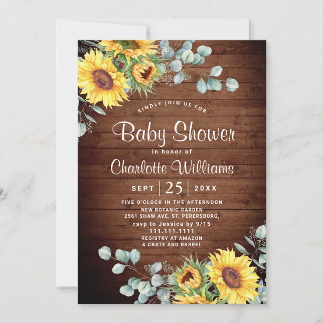 Solblommor Eucalyptus Watercolor Baby Shower Inbjudningar (Framsida)