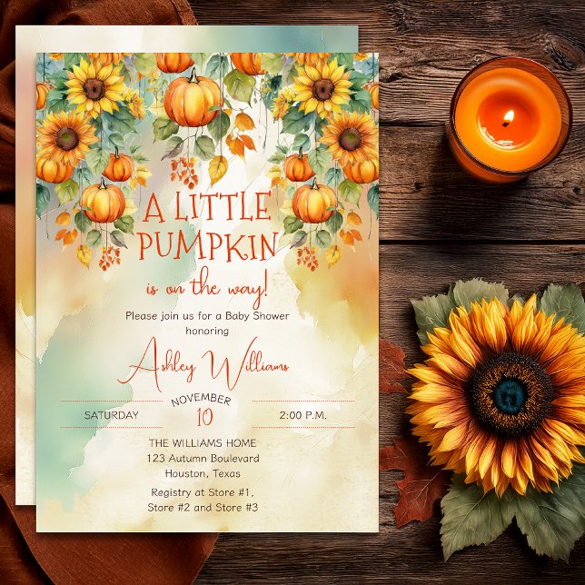 Solblommor faller en liten babystövel. inbjudningar ("A Little Pumpkin Is On The Way!" Fall | Autumn Sunflowers and Pumpkins Baby Shower Invitation )