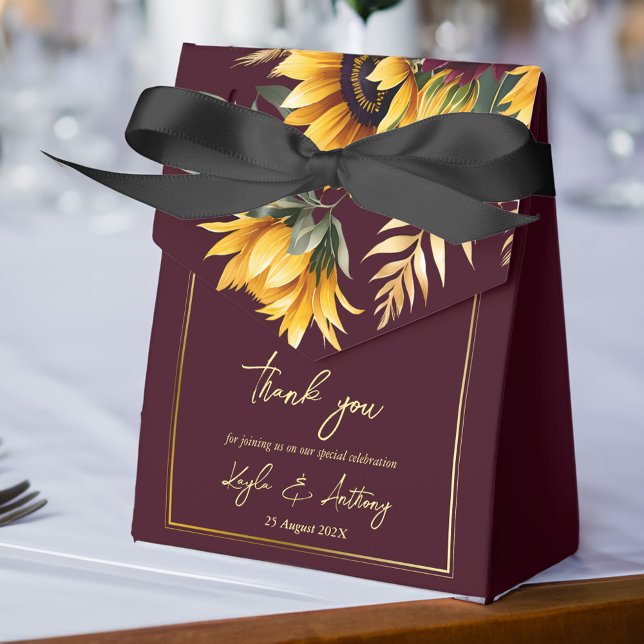 Solblommor faller sommaren bröllop burgundy presentaskar (Sunflower wedding favors burgundy favor box fall summer wedding sunflower themed favor box)