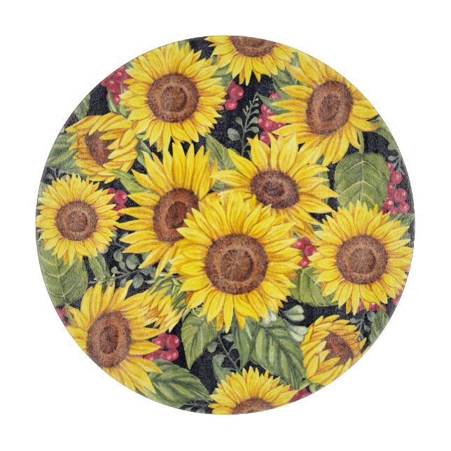 Solblommor fält: svart bakgrund med vattenfärg (Framsidan)