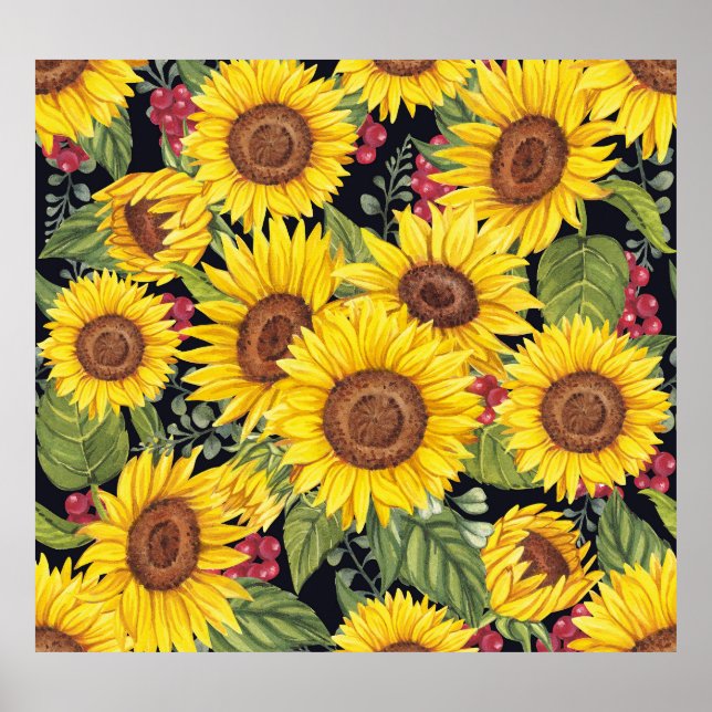 Solblommor fält: svart bakgrund med vattenfärg poster (Framsidan)