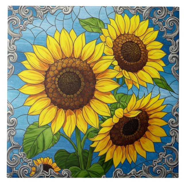 Solblommor, fastsatt glaseffekt kakelplatta (Framsidan)