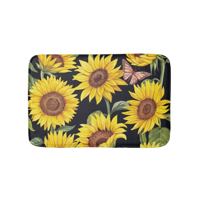 Solblommor, fjärilar, vattenfärgad svart bakgrunds badrumsmatta (Framsidan)