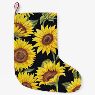 Solblommor, fjärilar, vattenfärgad svart bakgrunds liten julstrumpa
