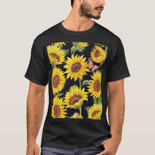 Solblommor, fjärilar, vattenfärgad svart bakgrunds t shirt