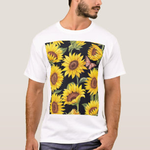 Solblommor, fjärilar, vattenfärgad svart bakgrunds t shirt