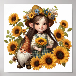Solblommor flicka gnome poster