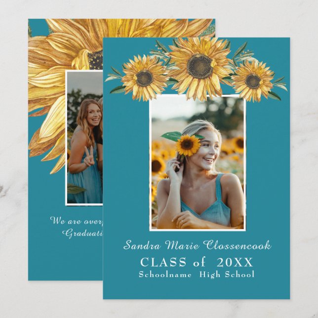 Solblommor, foto Blue Modern Rustic studenten Meddelande (Fram/baksida)